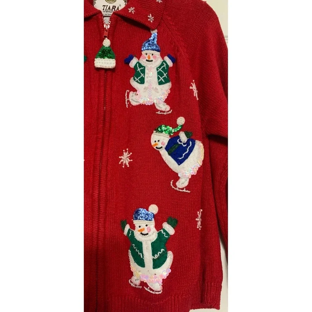 Vintage Tiara International Red Christmas Snowman Zip Up‎ Cardigan Sweater Sz L